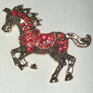 Red Rhinestone and Gold Tone Horse Brooch
